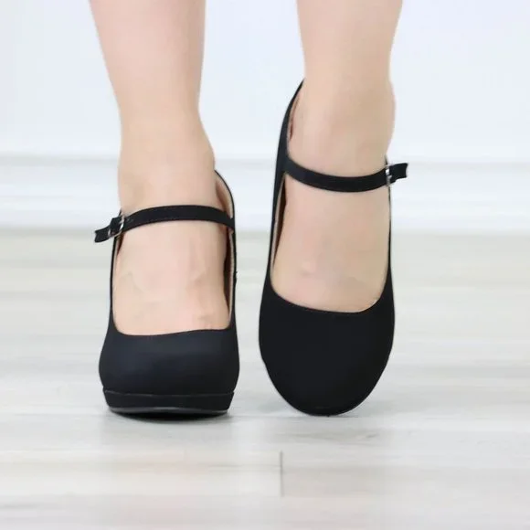 Black Rockabilly High Heels Ankle Strap Round Toe Classic Pumps Nubuck - Picture 9 of 12